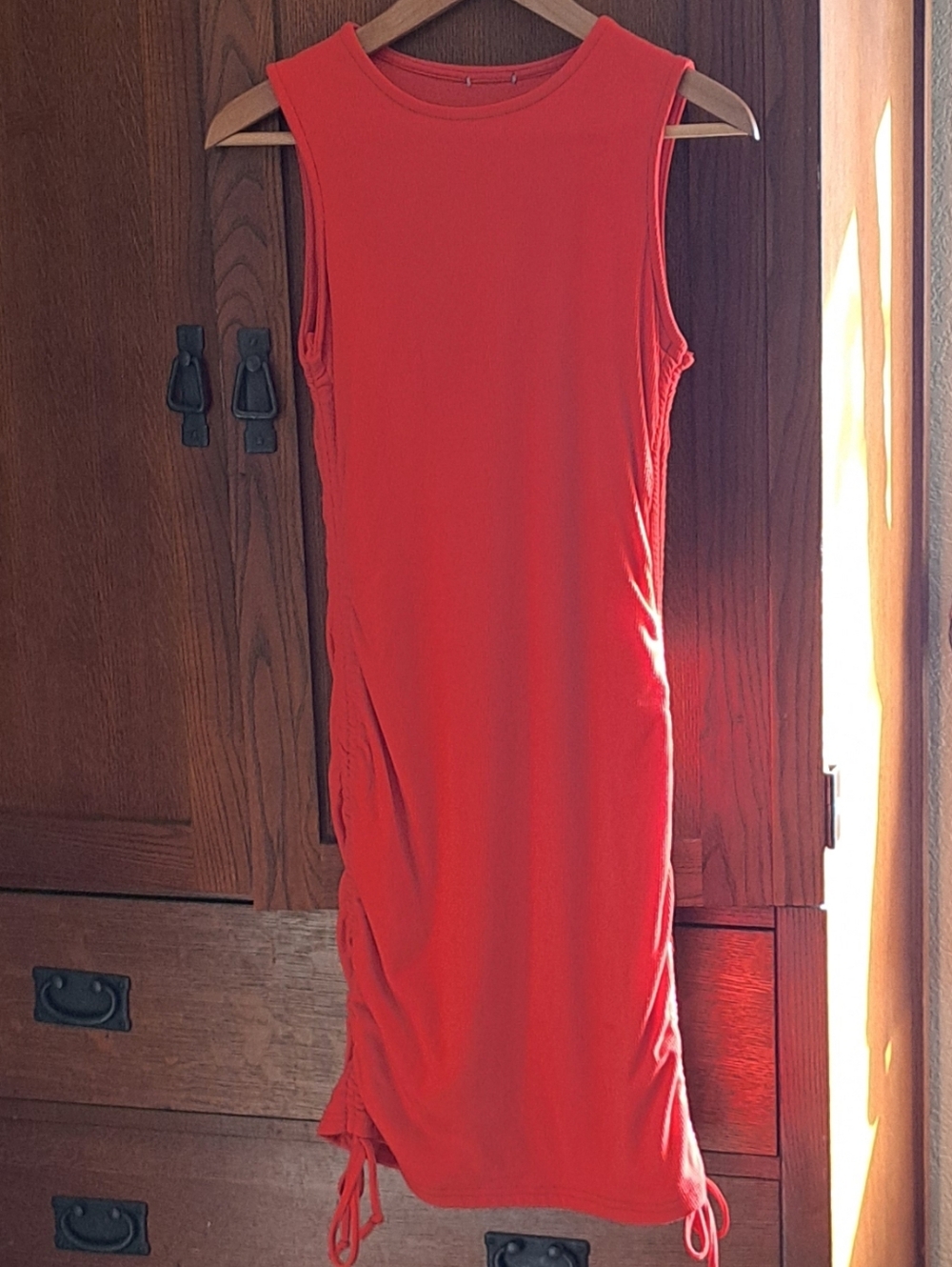 Coral Orange Ribbed Ruched Bodycon Midi Dress Side Tie Cinch Lined Small